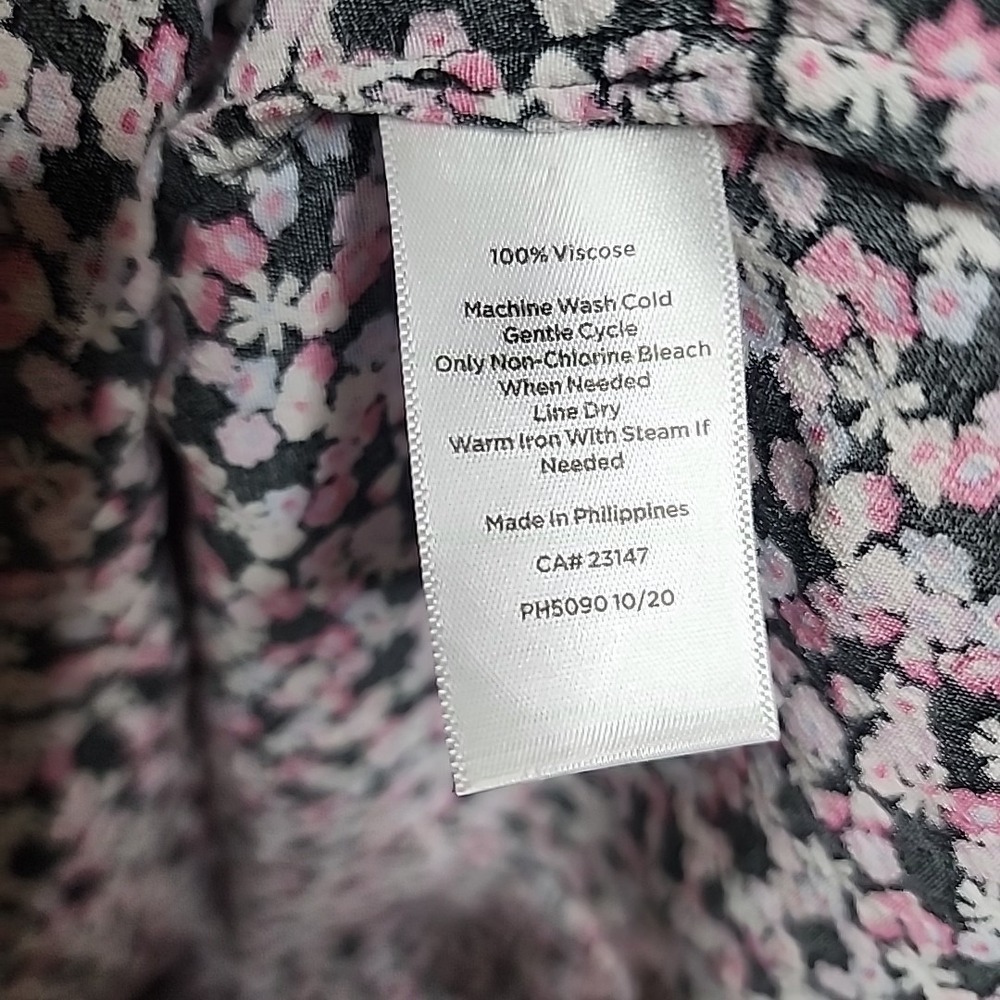 Talbots Top XL Floral Short Sleeve Blouse Keyhole Boho Crew Neck Pink Black - Picture 9 of 13